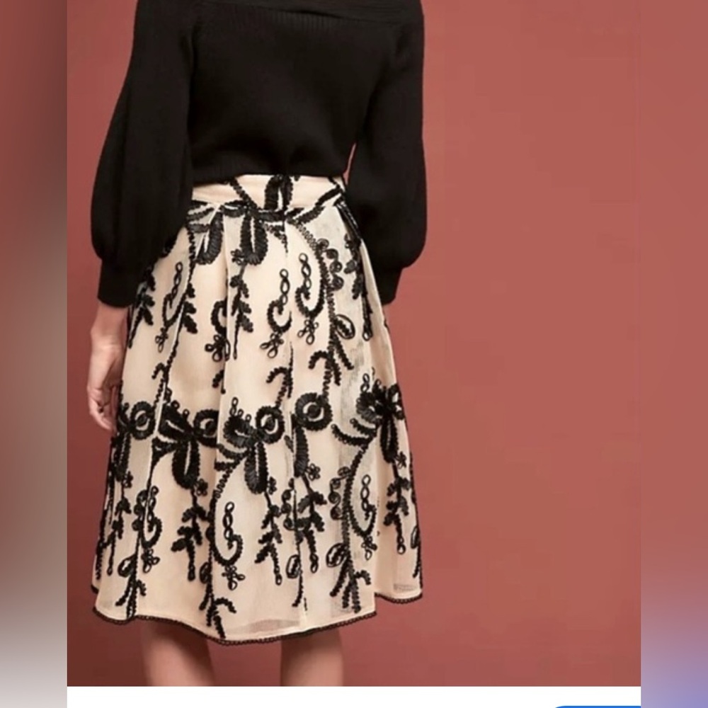 Anthropologie Cream Skirt with Black Embroidered Appliqué